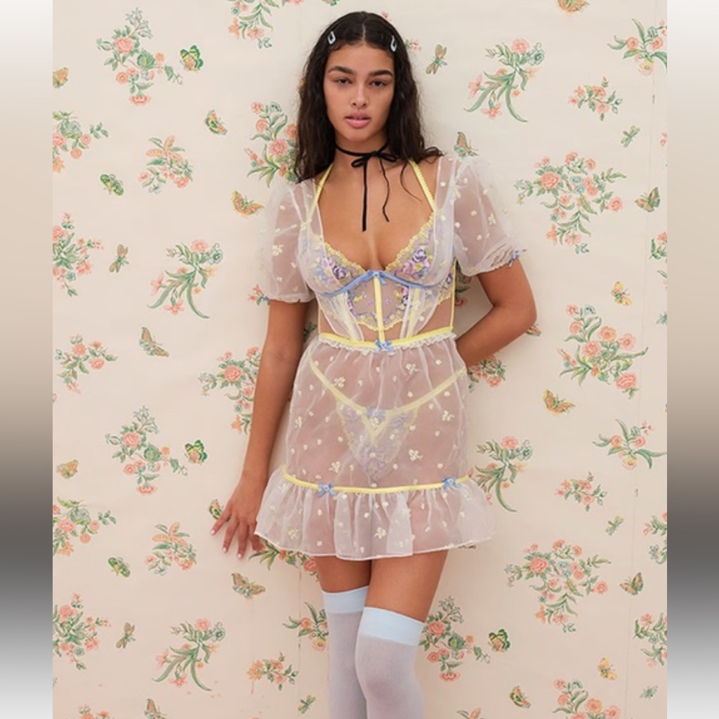 For Love & Lemons Lavender Meadows Embroidered Mini Slip Dress Size Large Nwt